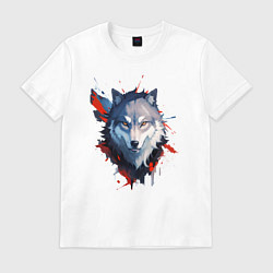 Футболка хлопковая мужская Голова волка - рисунок с пятнами краски, цвет: белый