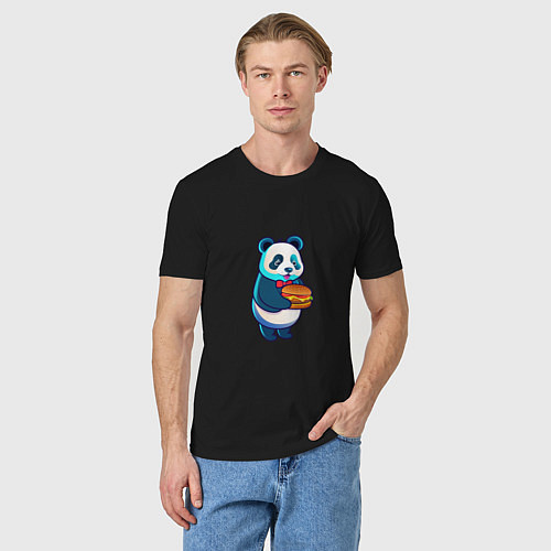 Мужская футболка Милая панда с чизбургером / Черный – фото 3