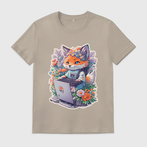 Мужская футболка Лиса геймер за компьютером / Миндальный – фото 1
