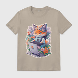 Футболка хлопковая мужская Лиса геймер за компьютером, цвет: миндальный
