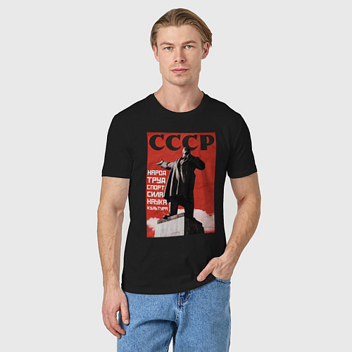 Мужская футболка СССР Ленин ретро плакат / Черный – фото 3