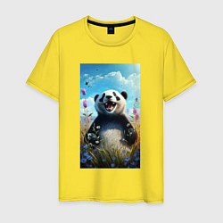 Футболка хлопковая мужская Довольная панда на природе, цвет: желтый