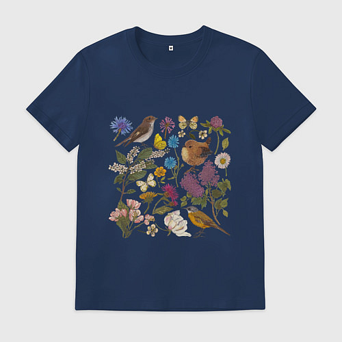 Мужская футболка Цветение и птички / Тёмно-синий – фото 1