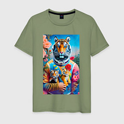 Футболка хлопковая мужская Тигрица - космонавт с тигрятами - нейросеть, цвет: авокадо