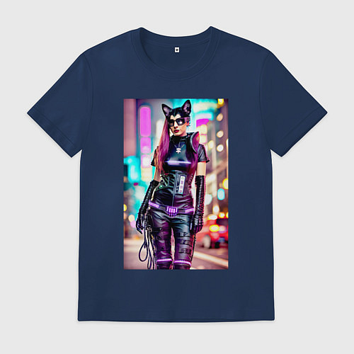 Мужская футболка Cyberpunk - cat girl - neural network / Тёмно-синий – фото 1