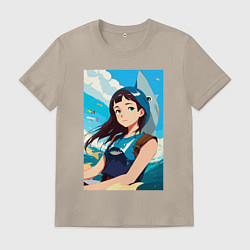 Футболка хлопковая мужская Девочка и океан, цвет: миндальный
