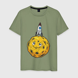 Футболка хлопковая мужская Ракета на луне, цвет: авокадо