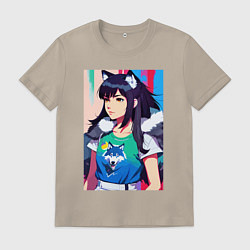 Футболка хлопковая мужская Девчонка-волчонок - фурри - аниме, цвет: миндальный