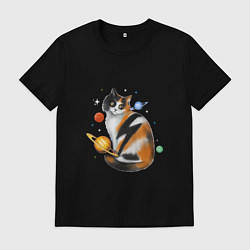 Футболка хлопковая мужская Космическая кошка с планетами и молнией, цвет: черный