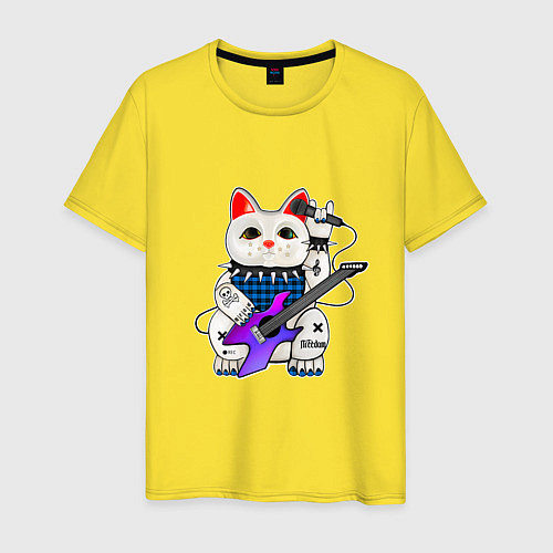 Мужская футболка Рок кот нэко с микрофоном и гитарой / Желтый – фото 1