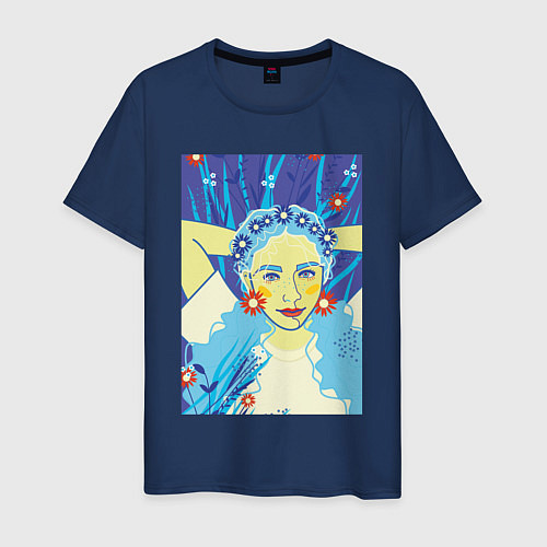 Мужская футболка Девушка с голубыми волосами в цветочном венке / Тёмно-синий – фото 1