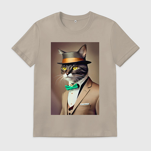 Мужская футболка Портрет кота джентльмена в шляпе / Миндальный – фото 1