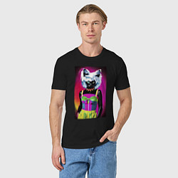 Футболка хлопковая мужская Cat fashionista - pop art - neural network, цвет: черный — фото 2