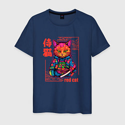 Футболка хлопковая мужская Кот в японском стиле - самурай, цвет: тёмно-синий