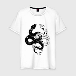 Футболка хлопковая мужская Змеи инь и янь - черное белое, цвет: белый
