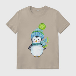 Футболка хлопковая мужская Милый пингвин в шапочке, цвет: миндальный