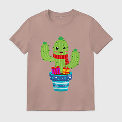 Футболка хлопковая мужская Кактус новый год, цвет: пыльно-розовый