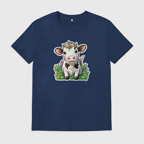 Мужская футболка Коровка в весенних цветах / Тёмно-синий – фото 1