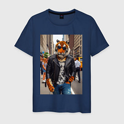 Футболка хлопковая мужская Cool tiger on the streets of New York - ai art, цвет: тёмно-синий