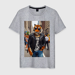 Футболка хлопковая мужская Cool tiger on the streets of New York - ai art, цвет: меланж