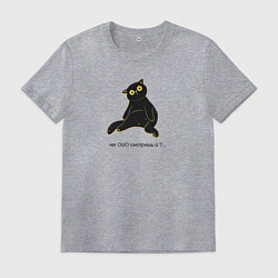 Футболка хлопковая мужская Чёрный котик с вопросительным взглядом чего смотри, цвет: меланж