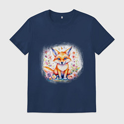 Футболка хлопковая мужская Милый большеухий лисенок сидит в цветах, цвет: тёмно-синий