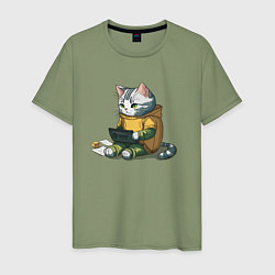 Футболка хлопковая мужская Котик за учебой, цвет: авокадо