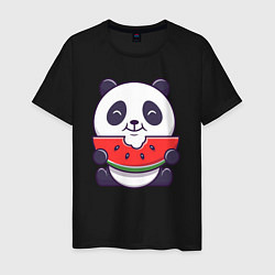Футболка хлопковая мужская Панда ест арбуз, цвет: черный