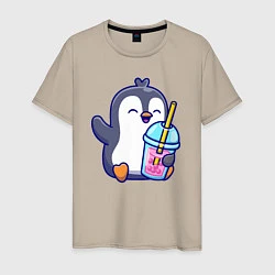 Футболка хлопковая мужская Пингвин с напитком, цвет: миндальный