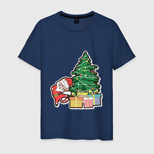 Мужская футболка Котик Дед Мороз / Тёмно-синий – фото 1
