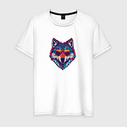 Футболка хлопковая мужская Красочный волк в стильных очках, цвет: белый