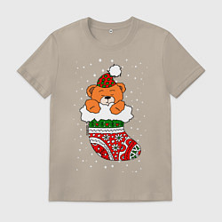 Футболка хлопковая мужская Игрушечный мишка в носке, цвет: миндальный