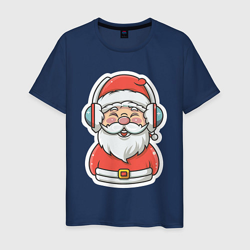 Мужская футболка Дед Мороз в наушниках / Тёмно-синий – фото 1