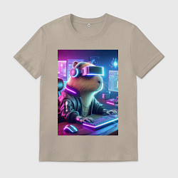 Футболка хлопковая мужская Капибара игроман - неоновое свечение, цвет: миндальный