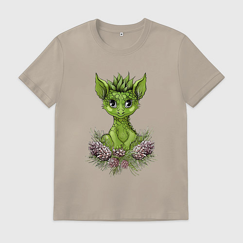 Мужская футболка Зелёный дракончик в сосновых шишках / Миндальный – фото 1