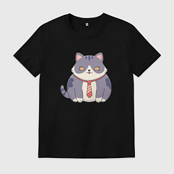 Футболка хлопковая мужская Важный кот с галстуком, цвет: черный