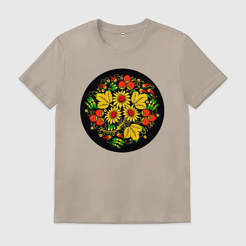 Мужская футболка Хохломская роспись цветы и ягоды в чёрном круге / Миндальный – фото 1