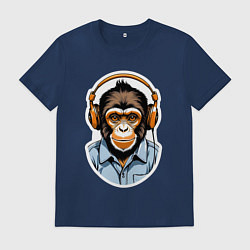 Футболка хлопковая мужская Портрет обезьяны в наушниках, цвет: тёмно-синий