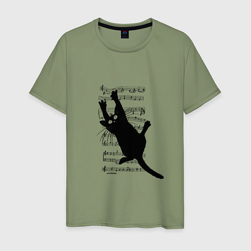 Мужская футболка Кот повис на музыкальных нотах / Авокадо – фото 1