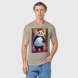 Футболка хлопковая мужская Панда в свитере под салютом - ai art, цвет: миндальный — фото 2