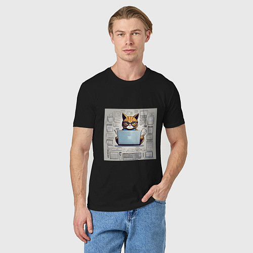 Мужская футболка Кот программист за ноутбуком / Черный – фото 3