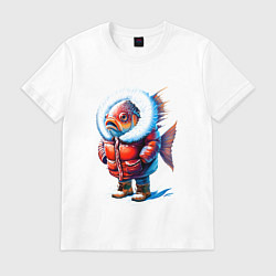 Футболка хлопковая мужская Рыба в шубе в снегу, цвет: белый