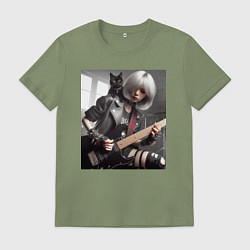 Футболка хлопковая мужская Девчонка рок гитарист с чёрным котом, цвет: авокадо