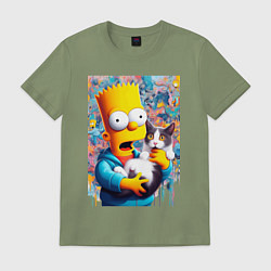 Футболка хлопковая мужская Bart Simpson with a kitten - ai art, цвет: авокадо