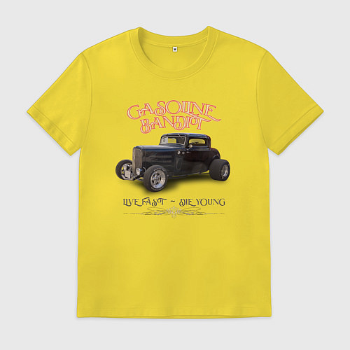 Мужская футболка Хот род и надпись Gasoline bandit / Желтый – фото 1