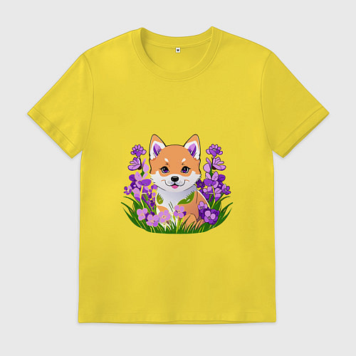 Мужская футболка Щенок Сибу-ину среди сиреневых цветов / Желтый – фото 1