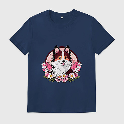 Мужская футболка Колли среди цветов сакуры / Тёмно-синий – фото 1