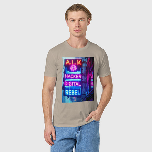 Мужская футболка Ai hacker digital rebel - neon glow / Миндальный – фото 3