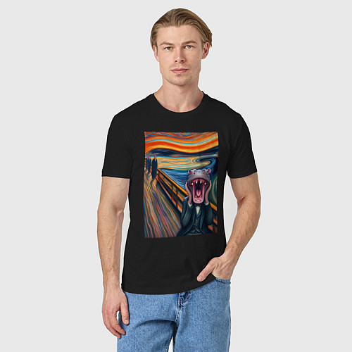 Мужская футболка Бегемот кричит - мем живопись от нейросети / Черный – фото 3