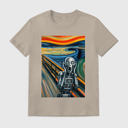 Футболка хлопковая мужская Робот кричит - мем нейросеть, цвет: миндальный